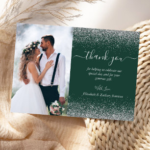 Tarjeta De Agradecimiento Boda personalizada con foto verde oscuro y brillo 