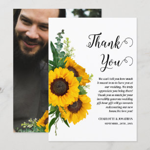 Tarjeta De Agradecimiento Boda personalizada con girasol rústico