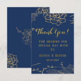 Tarjeta De Agradecimiento Boda personalizada Floral Azul Y Oro De La Marina