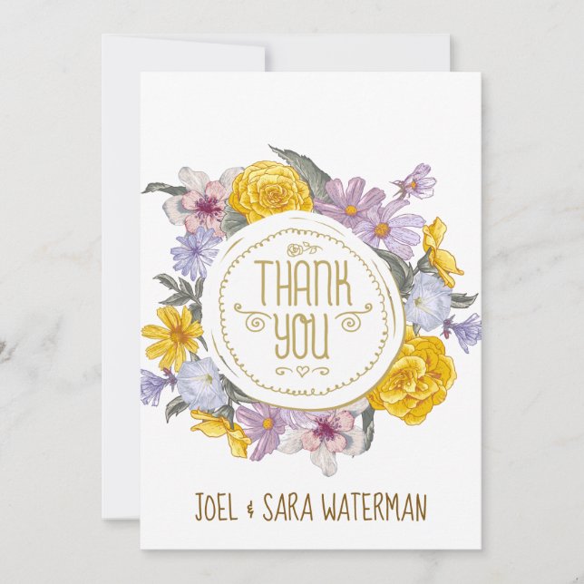 Tarjeta De Agradecimiento Boda personalizado de floral Wreath (Anverso)
