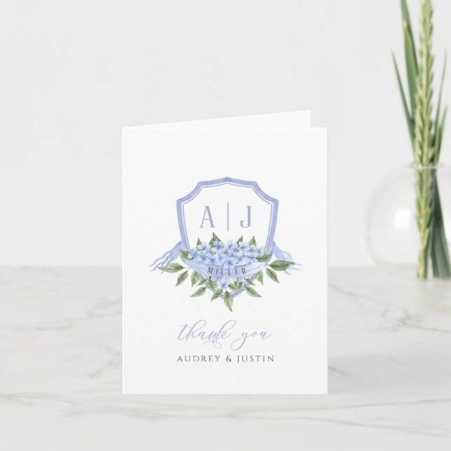 Tarjeta De Agradecimiento Boda personalizado del monograma de hidrangea azul (Anverso)