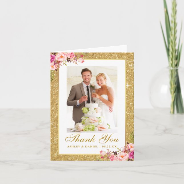 Tarjeta De Agradecimiento Boda Photo Gold Purpurina Pink Floral Note (Anverso)