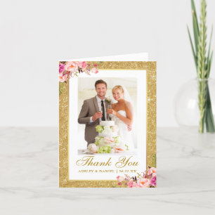 Tarjeta De Agradecimiento Boda Photo Gold Purpurina Pink Floral Note