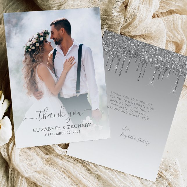 Tarjeta De Agradecimiento Boda Photo Silver Purpurina Drip (Subido por el creador)