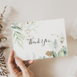 Tarjeta De Agradecimiento Boda plano de la caligrafía del eucalipto de oro<br><div class="desc">Esta tarjeta boda llana de agradecimiento de eucalipto dorado es perfecta para un boda rústico. Este diseño artístico presenta acuarelas de color oro y follaje verde dibujadas a mano, que inspiran la belleza natural. Personaliza el interior de la tarjeta con tus nombres y un mensaje de agradecimiento. O bien, deje...</div>