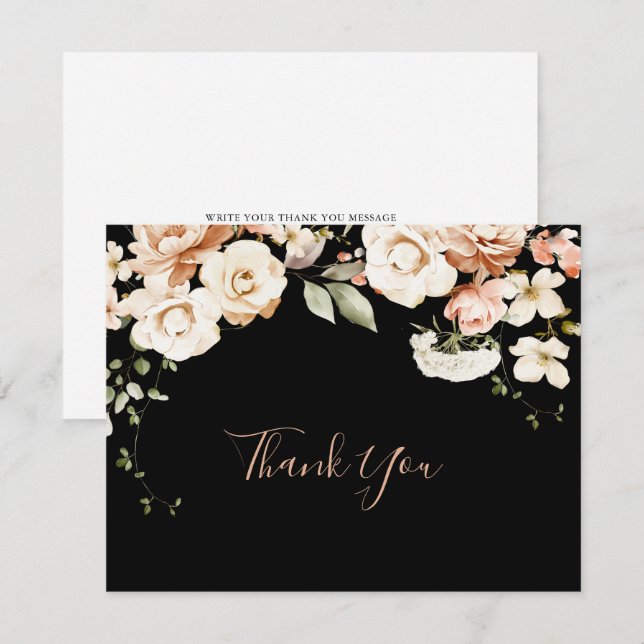 Tarjeta De Agradecimiento Boda plano floral real formal negro (Anverso / Reverso)
