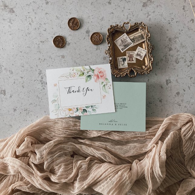 Tarjeta De Agradecimiento Boda plano floral verde de oro geométrico (Subido por el creador)