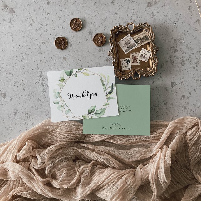 Tarjeta De Agradecimiento Boda plano geométrico elegante de verde oro (Subido por el creador)