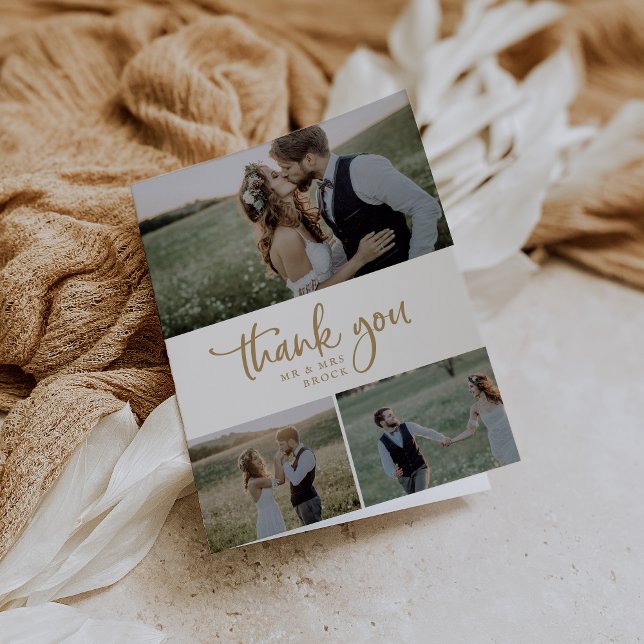 Tarjeta De Agradecimiento Boda plegado de Collage de fotos Rustic Gold Scrip (Subido por el creador)