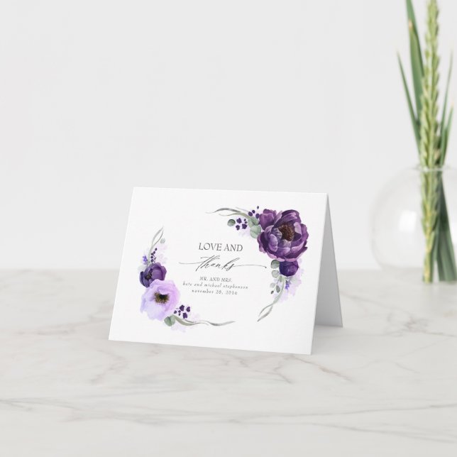 Tarjeta De Agradecimiento Boda Purple Floral Gracias (Anverso)