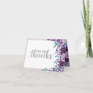 Tarjeta De Agradecimiento Boda Purple Floral & Silver Gracias