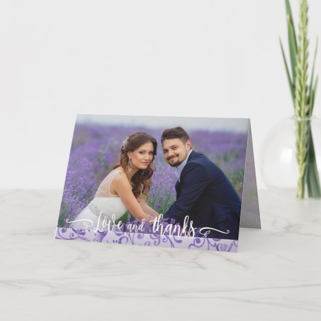 Tarjeta De Agradecimiento Boda Purple Flouried Dos Foto Gracias (Anverso)