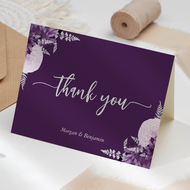 Tarjeta De Agradecimiento Boda Purple Lilac Silver Floral Script (Subido por el creador)