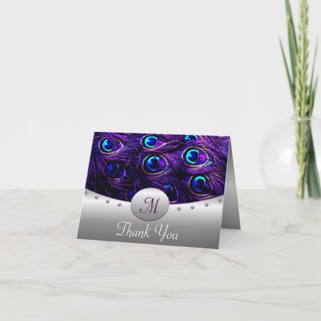 Tarjeta De Agradecimiento Boda Purple Peacock Gracias Cartas (Anverso)