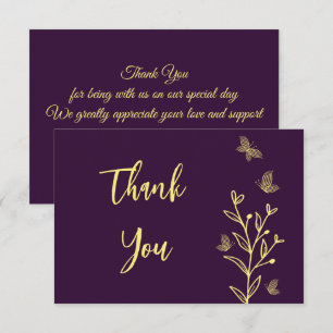 Tarjeta De Agradecimiento Boda púrpura de flores doradas simples