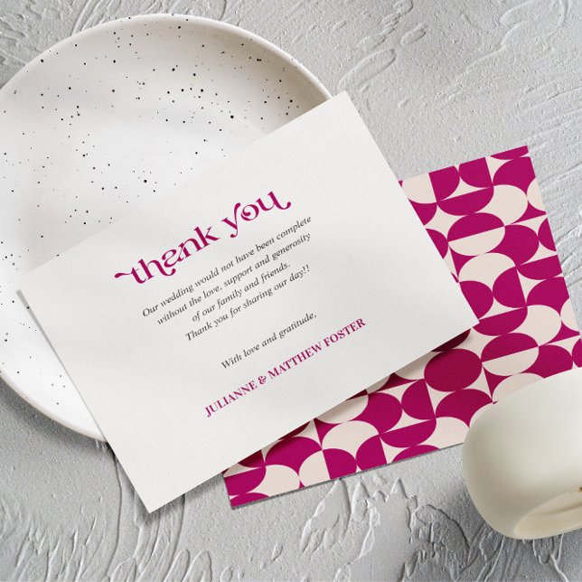 Tarjeta De Agradecimiento Boda púrpura de vieira Retro Circle Mid Century (Wedding Thank you card with purple vintage inspired bold pattern Mid century modern geometric)