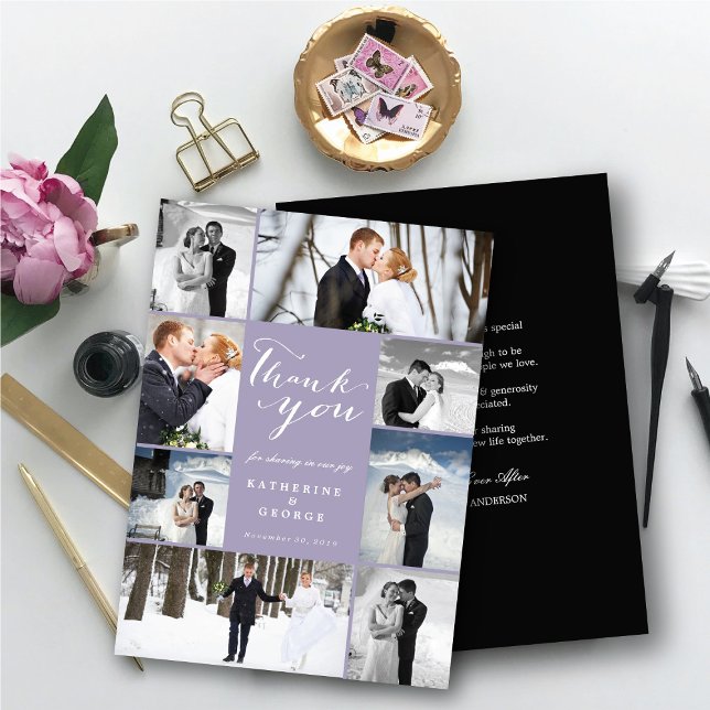 Tarjeta De Agradecimiento Boda púrpura moderno con estilo multifoto 8 (Modern Classy Script 8 Multi Photo Collage Stylish Wedding Thank You Card @ fatfatin_blue_knot)