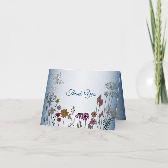 Tarjeta De Agradecimiento Boda Purpurina brillante azul del jardín floral co (Anverso)