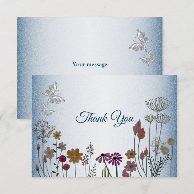 Tarjeta De Agradecimiento Boda Purpurina brillante azul del jardín floral co (Anverso / Reverso)