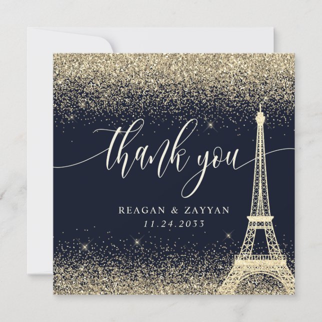 Tarjeta De Agradecimiento Boda Purpurina de la Torre Eiffel de París (Anverso)