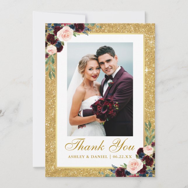 Tarjeta De Agradecimiento Boda Purpurina de Oro Burgundy Blue Floral (Anverso)