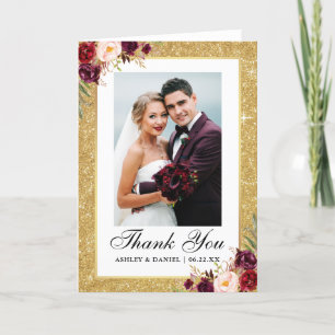 Tarjeta De Agradecimiento Boda Purpurina de oro Burgundy Floral Fold