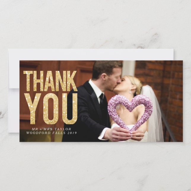 Tarjeta De Agradecimiento Boda Purpurina de oro Gracias Cartas fotográficas (Anverso)