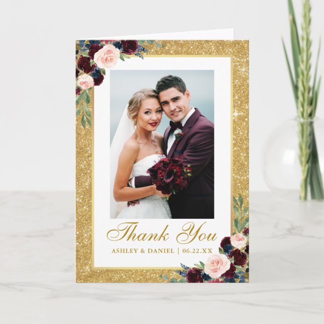 Tarjeta De Agradecimiento Boda Purpurina Dorado Burgundy Blue Floral Fold (Anverso)