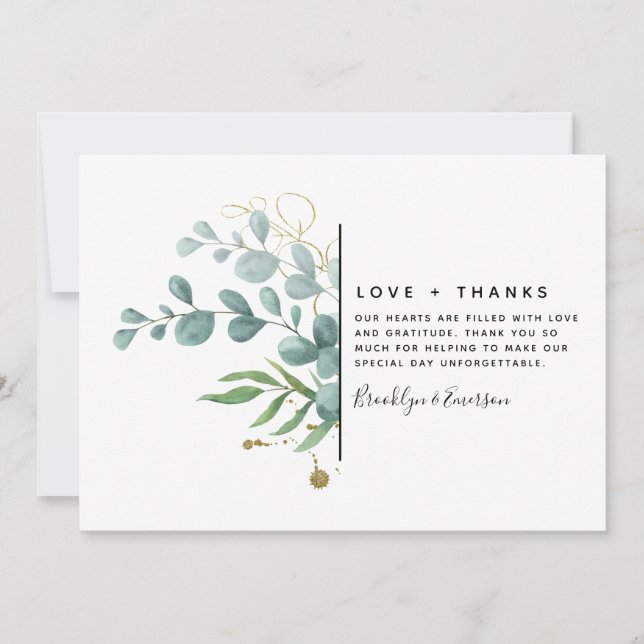 Tarjeta De Agradecimiento Boda Purpurina Eucalyptus Gold (Anverso)