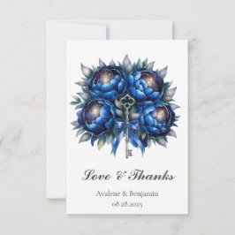 Tarjeta De Agradecimiento Boda real azul y plateado Peony