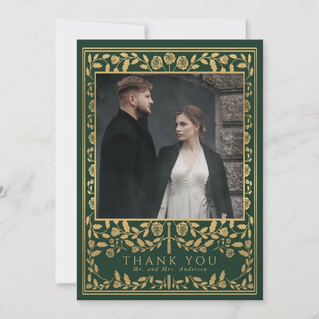 Tarjeta De Agradecimiento Boda Real de Espada Medieval Verde (Anverso)