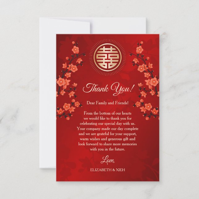Tarjeta De Agradecimiento Boda Red Cherry Blossom (Anverso)