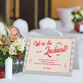 Tarjeta De Agradecimiento Boda Retro con Guión Rojo y Rayas Azules