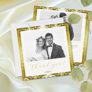 Tarjeta De Agradecimiento Boda Retro Gold Green Damask
