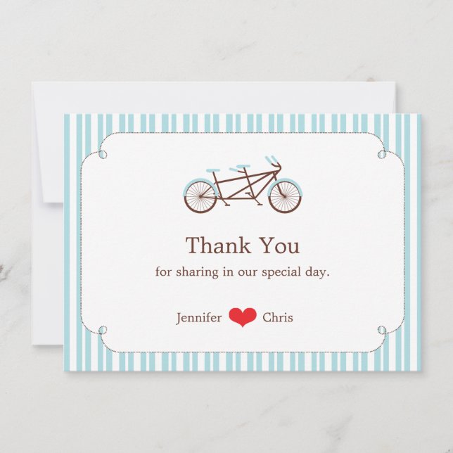 Tarjeta De Agradecimiento Boda retro-tándem con tiras azules y blancas (Anverso)