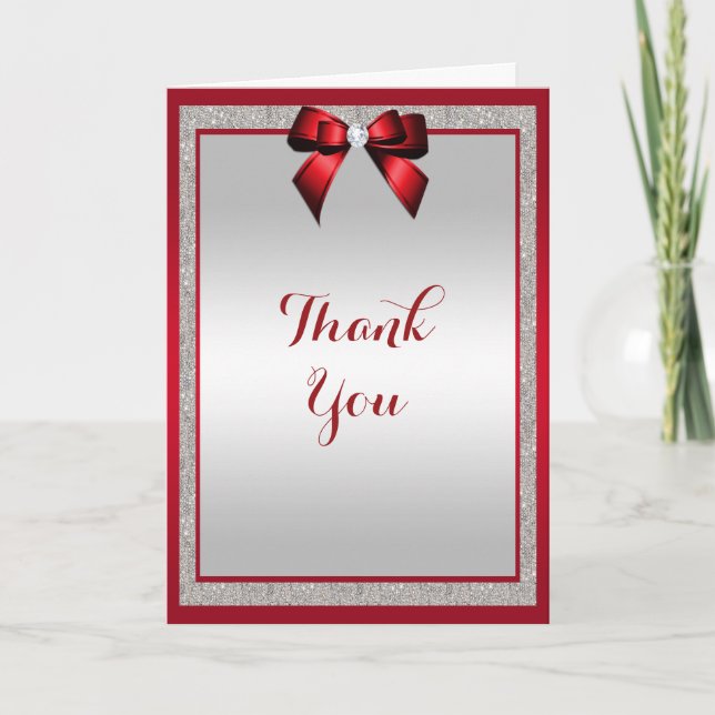 Tarjeta De Agradecimiento Boda roja y de plata de rubíes elegante del (Anverso)
