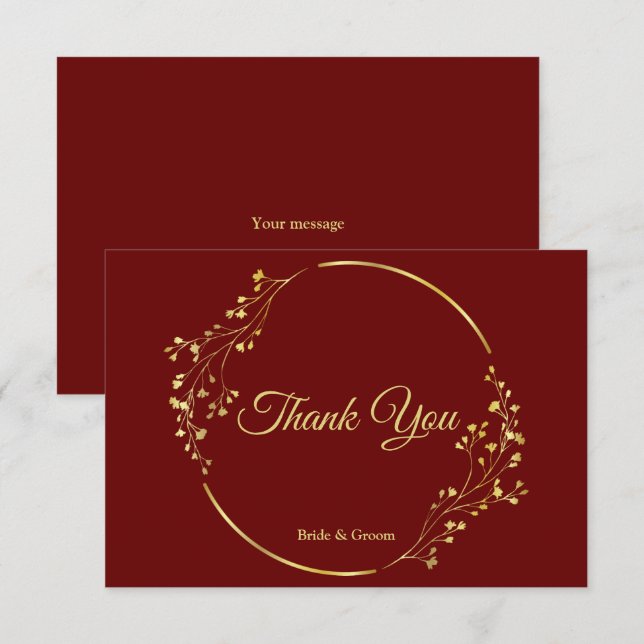 Tarjeta De Agradecimiento Boda rojo de la guirnalda floral dorada (Anverso / Reverso)