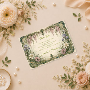 Tarjeta De Agradecimiento Boda romántica Art Nouveau en jardín de glicinias