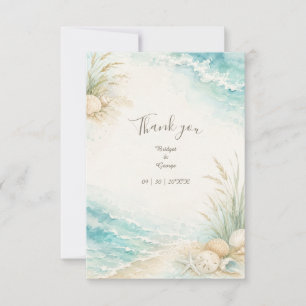 Tarjeta De Agradecimiento Boda Romántica Costera en Acuarela de Playa