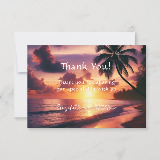 Tarjeta De Agradecimiento Boda Romántica en la Playa al Atardecer (Anverso)