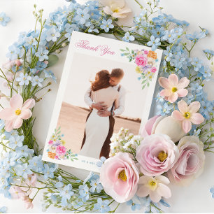 Tarjeta De Agradecimiento Boda Romántica Floral con Acuarela Rosa y Azul