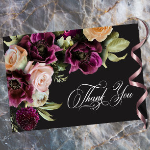 Tarjeta De Agradecimiento Boda Romántica Floral Oscura Burgundy Negro Melanc