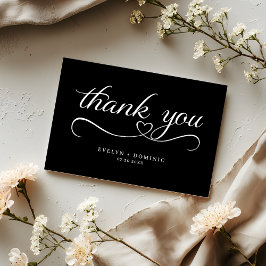 Tarjeta De Agradecimiento Boda Romántica Negra con Letra Blanca Moderna