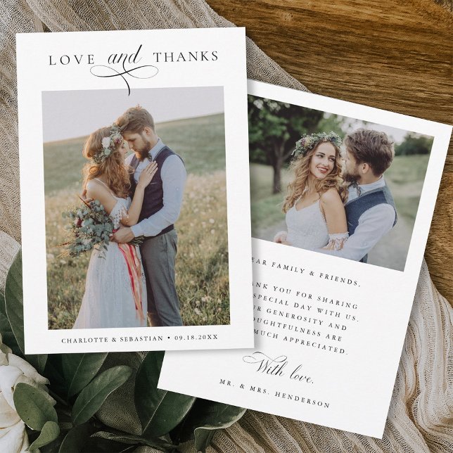 Tarjeta De Agradecimiento Boda romántico Amor y Gracias 2 Foto (Front & Back)