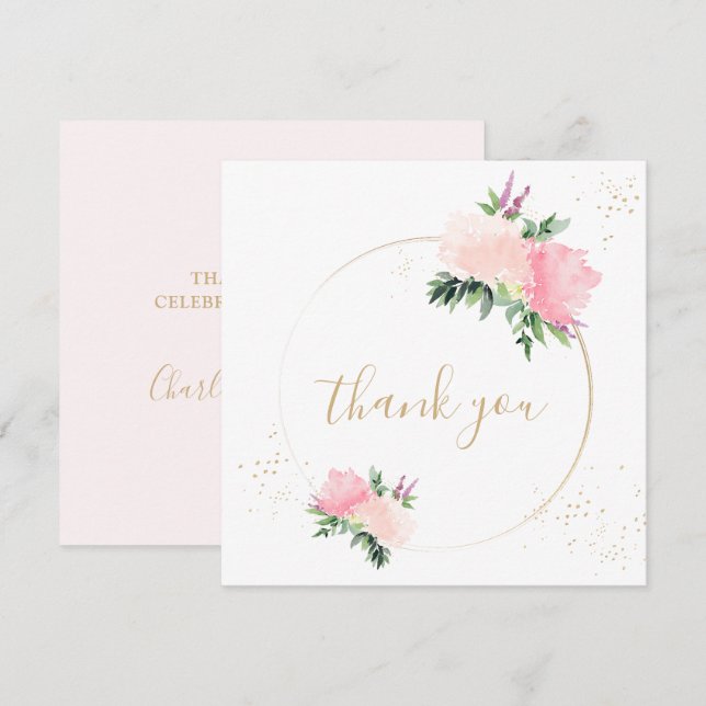 Tarjeta De Agradecimiento Boda romántico con floral rosada dorada (Anverso / Reverso)