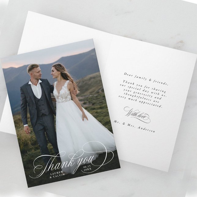 Tarjeta De Agradecimiento Boda romántico de caligrafía blanca foto doblada (Front & Inside)