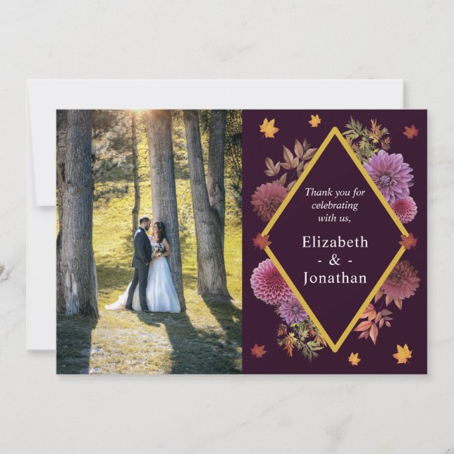 Tarjeta De Agradecimiento Boda romántico de otoño en Dahlia (Anverso)