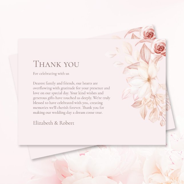 Tarjeta De Agradecimiento Boda Romántico de Rosas Pintas (Romantic Pale Pink Roses Wedding Thank You Card on pink table with roses.)