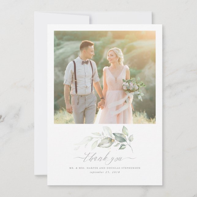 Tarjeta De Agradecimiento Boda Romántico Elegante De Verdor Gracias Foto (Anverso)
