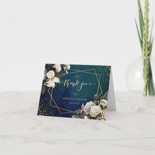 Tarjeta De Agradecimiento Boda Romántico Floral Gold Wreath (Anverso)